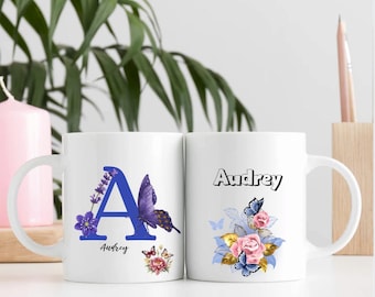 Personalized mug with name, initial and flowers, mug with personalized initial, floral butterfly print for women, 11oz/15oz