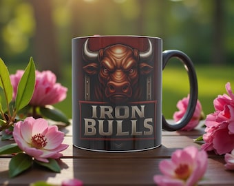 Iron Bulls Caneca time esportivo forte, caneca de café com estampa de touro vermelho ousado, presente motivacional para academia 11oz/15oz