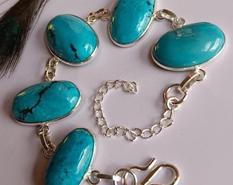 Natural Turquoise Link Bracelet, Elegant Sterling Silver Overlay Gemstone Handmade Jewelry Boho Gift