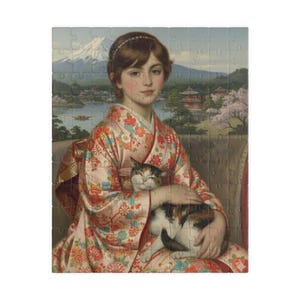 Japanese Girl with Cat Puzzle | Vintage Kimono Scene jigsaw