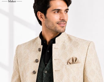 Men's Ivory Sherwani Suit, Luxury Wedding Groom Coat, Jacquard Designer Long Jacket, Reception Outfit, Pakistani Indian Wear