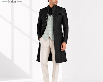 Traje Sherwani negro para hombre, abrigo de boda de lujo para novio, chaqueta larga de diseñador, atuendo formal para recepción, ropa masculina pakistaní-india
