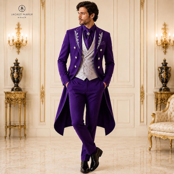 Purple Victorian Tailcoat Suit for Men, Gothic Frock Coat Tuxedo, Regency Wedding Suit, Steampunk Formal Outfit, Prom Reception Wear