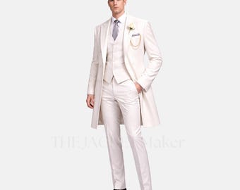 Mens Ivory Overcoat, White Wedding Suit Men, Groom Formal Coat, Luxury Winter Overcoat, Elegant Menswear
