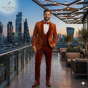 May include: A rust-colored velvet three-piece suit consisting of a single-breasted blazer with shawl lapels, a matching vest, and tailored trousers. The suit is worn with a crisp white button-down shirt and a matching rust-colored bow tie.