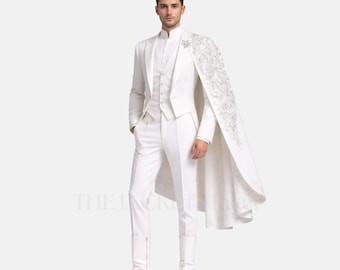 White Victorian Groom Suit Mens Gothic Wedding Suit Royal Prince Tailcoat Suit 3 Piece Regency Era Formal Outfit