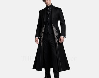 Schwarzer Gothic Frack Anzug Herren Victorian Hochzeitsanzug 3 Teilig Royal Vampir Bräutigam Formelle Outfit