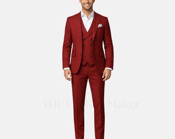 Herren Roter Anzug, Benutzerdefinierte 3-teiliger Anzug Männer, Hochzeitsanzug für Männer, Slim Fit Bräutigam Anzug, Zweireihiger Westenanzug, Maßgeschneiderter Anzug