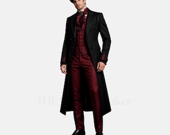 Herren Frack VICtorian 3-Teilig Gothic Hochzeitsanzug Burgund Anzug Royal Vampir-Formelle Outfit