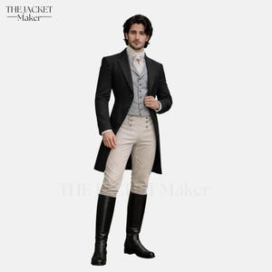 May include: A black tailcoat, grey waistcoat, cream breeches, and black riding boots. The outfit includes a white cravat. The Jacket Maker logo is in the upper left and lower center.