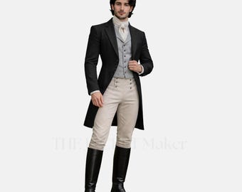 Schwarzen viktorianischen Frack SUIT Herren Regency Hochzeit Bräutigam Formelle Graue Weste
