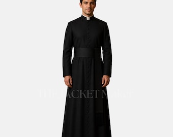 Black Roman Catholic Cassock for Men, Traditional Priest Robe with Sash Belt, Full Length Clergy Garment, Church Ceremony Attire cassock