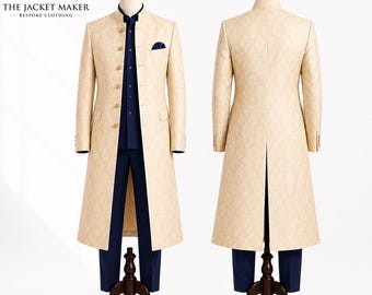 Elfenbeinfarbener Jacquard-Sherwani für Herren, marineblauer Hochzeitsanzug, luxuriöses Outfit für den Bräutigam zur Hochzeitsfeier, maßgeschneiderte indisch-westliche Festmode