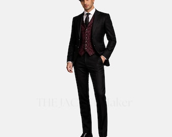 Black Victorian 3-Piece Suit with Burgundy Vest for Men – Gothic Formal Wedding Attire