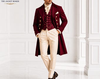 Burgundy Victorian Tailcoat Suit for Men, Regency Wedding Groom Outfit, Vintage Frock Coat, Royal Formal Suit, Custom Historical Clothing
