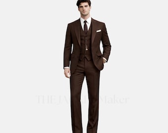 Dark Brown Mens Suit, Three Piece Wedding Suit, Elegant Groom Suit, Slim Fit Formal Suit Men, Tailored Coffee Brown Suit