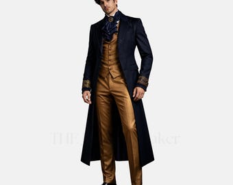 Gothic trouwpak heren marineblauwe slipjas Victoriaans 3-delig gouden pak koninklijke steampunk formele outfit