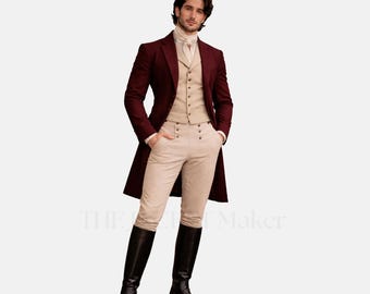 Burgunderroter viktorianischer Frackanzug Herren Gothic Regency Hochzeit Bräutigam Outfit