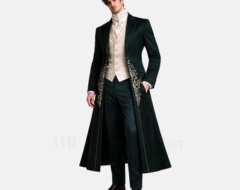 Gothic Hochzeitsanzug Herren Dunkelgrün Frack Victorian 3 Teilig Elfenbein Anzug Königliche Bräutigam Formelle Outfit