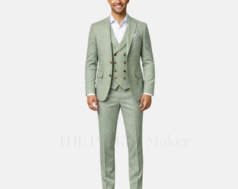 Mens Sage Green Suit, Custom 3 Piece Suit Men, Wedding Suit for Men, Slim Fit Groom Suit, Double Breasted Vest Suit, Tailored Formal Suit