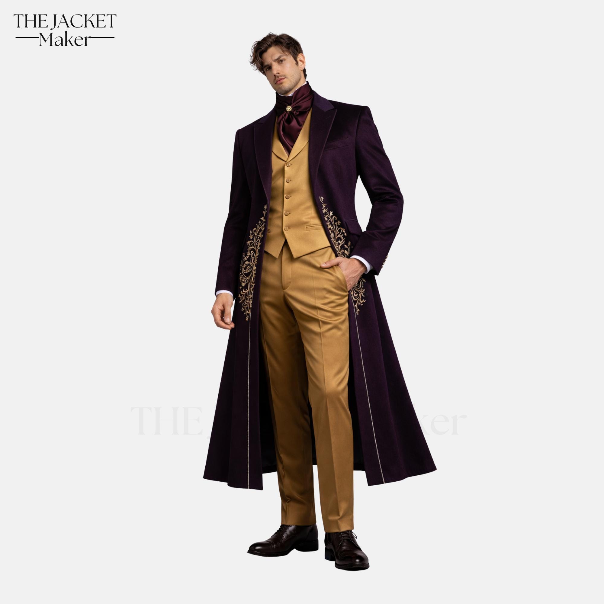 Mens purple Victorian Tailcoat Suit Gold 3 Piece Gothic wedding Royal Groom Formal Outfit