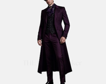 Purple Gothic Tailcoat Suit Men Victorian Wedding Suit Plum 3 Piece Royal Vampire Groom Formal Outfit
