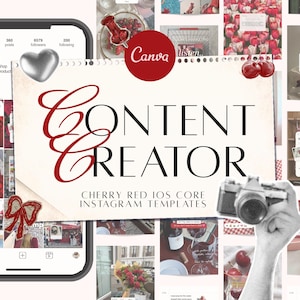 Könnte beinhalten: Werbung für digitale Produkte mit Smartphone, Kamera und Moodboard mit kirschroten Akzenten. Der Text lautet "CONTENT CREATOR" und "CHERRY RED IOS CORE INSTAGRAM TEMPLATES". Das Canva-Logo ist ebenfalls sichtbar.