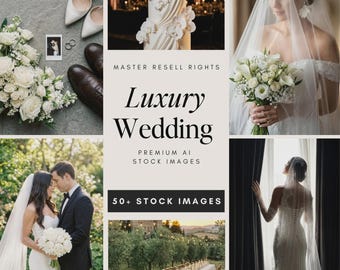 Pacchetto di foto stock di lusso per matrimoni / 50 immagini di spose in formato AI / Creatore di contenuti per matrimoni / Download digitale PLR con diritti di rivendita / Foto di matrimoni in location esclusive