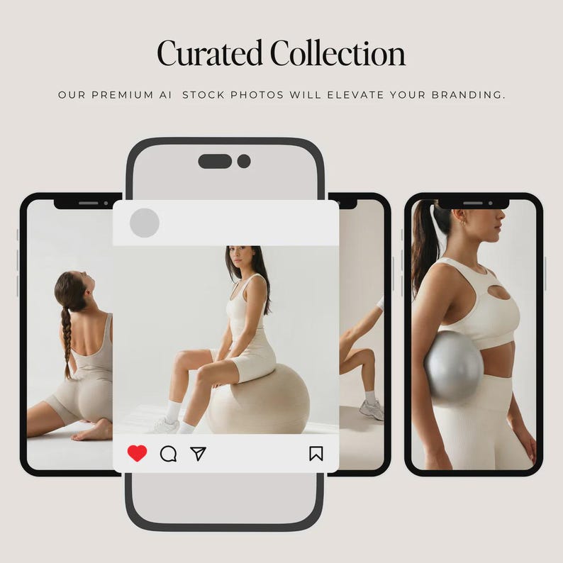 Pu&ograve; includere: Tre smartphone mostrano immagini di una donna in abbigliamento sportivo. Il telefono centrale mostra una donna seduta su una palla da fitness. Il testo "Curated Collection" e "OUR PREMIUM AI STOCK PHOTOS WILL ELEVATE YOUR BRANDING" sono in alto.