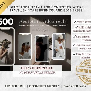 Pu&ograve; includere: Grafica promozionale con il testo "Bonus Gift" e "Offerta a tempo limitato". L'immagine mostra tre schermate di telefono simulate che mostrano reel video estetici. Il testo include "Perfetto per creatori di contenuti" e "Oltre 7500 reel."