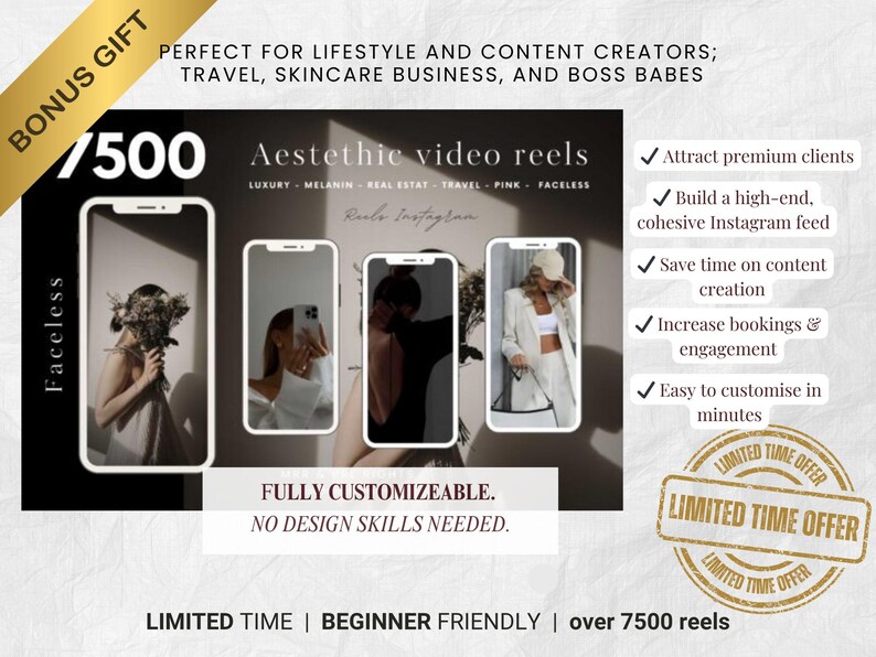 Pu&ograve; includere: Grafica promozionale con il testo "Bonus Gift" e "Offerta a tempo limitato". L'immagine mostra tre schermate di telefono simulate che mostrano reel video estetici. Il testo include "Perfetto per creatori di contenuti" e "Oltre 7500 reel."