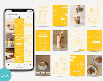 以下が含まれることがあります： スマートフォンには、黄色と白を基調としたコーヒーをテーマにしたInstagramストーリーのテンプレートが並んでいます。テンプレートには、コーヒー飲料、コーヒーメーカー、および「Coffee of the Day」や「Happy Hour」などのテキストのイラストが使用されています。Canvaのロゴが表示されています。
