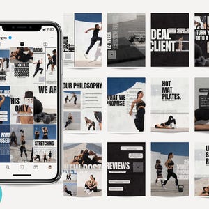 May include: A smartphone displays a grid of fitness-themed Instagram posts. The posts feature workout routines, training blocks, and motivational text like "Personal Training" and "Turn Your Fitness Into a Lifestyle."