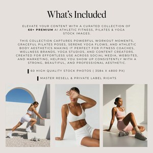 Pu&ograve; includere: L'immagine presenta una raccolta di foto stock generate dall'IA per fitness atletico, Pilates e yoga. Il testo recita "Cosa &egrave; incluso" ed evidenzia oltre 60 immagini premium, perfette per allenatori di fitness e marchi di benessere. Le foto mostrano momenti di allenamento.
