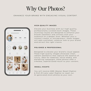 Pu&ograve; includere: Mockup di smartphone che mostra un feed di social media con immagini di lifestyle. Il testo recita "Why Our Photos?" e "Enhance Your Brand With Engaging Visual Content." Ulteriore testo descrive immagini di alta qualit&agrave;, estetica raffinata e diritti di rivendita.