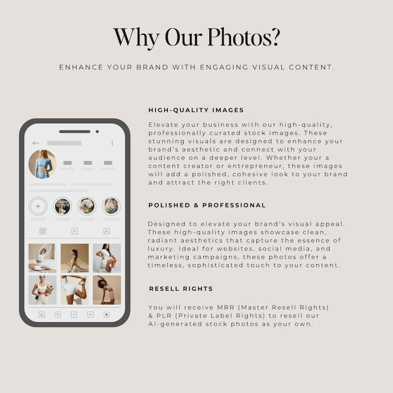 Pu&ograve; includere: Mockup di smartphone che mostra un feed di social media con immagini di lifestyle. Il testo recita "Why Our Photos?" e "Enhance Your Brand With Engaging Visual Content." Ulteriore testo descrive immagini di alta qualit&agrave;, estetica raffinata e diritti di rivendita.
