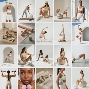 Pu&ograve; includere: Un collage di immagini che mostrano fitness e benessere. Le immagini presentano persone in abbigliamento sportivo, che utilizzano attrezzature come manubri, palle da ginnastica e tappetini da yoga. La tavolozza dei colori &egrave; neutra, con bianchi, beige e grigi chiari.
