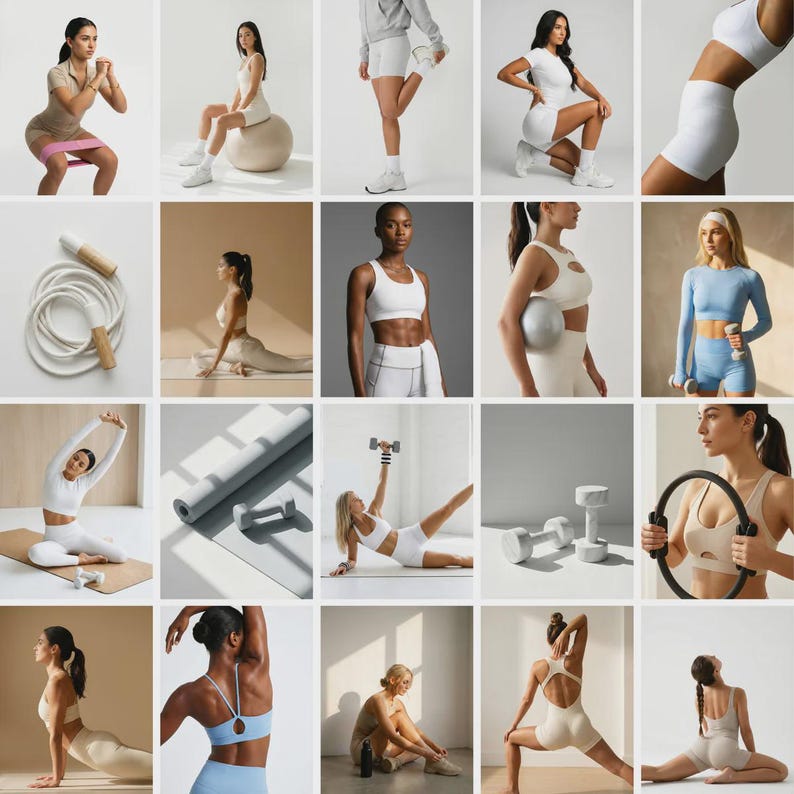 Pu&ograve; includere: Collezione di abbigliamento e accessori fitness. Include reggiseni sportivi, pantaloncini, leggings e attrezzature per l'allenamento come manubri, fasce di resistenza, tappetini yoga e corde per saltare. La palette di colori &egrave; neutra, con toni bianchi, beige e grigi.
