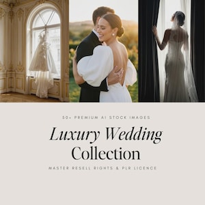 Op de afbeelding: Een samengestelde afbeelding met een bruid en bruidegom die elkaar omhelzen, een trouwjurk die bij een raam hangt en een bruid in een trouwjurk bij een raam. De tekst luidt "Luxury Wedding Collection".