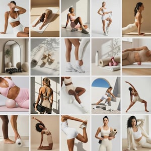 Pu&ograve; includere: Un collage di immagini con prodotti per il fitness e il benessere. Le immagini mostrano abbigliamento da allenamento, tappetini da yoga, manubri e rulli in schiuma in tonalit&agrave; neutre. Diverse immagini mostrano persone in varie pose di yoga ed esercizi.