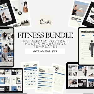 Op de afbeelding: Een fitnessbundel met Instagram-portretposts, werkboeken en meetwaardetrackers. Het ontwerp maakt gebruik van een strakke, moderne esthetiek met een wit en blauw kleurenschema. De tekst "Fitness Bundle" is prominent aanwezig.