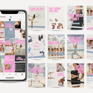 Può includere: Uno smartphone mostra una griglia di post di Instagram a tema fitness. I post presentano immagini di abbigliamento da allenamento, pose e testo come "Guida ai regali per lei", "Solo questa settimana" e "Saldi del Black Friday!" La combinazione di colori è rosa, bianco e nero.