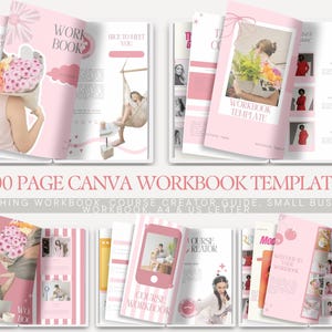 Può includere: Un modello di quaderno di lavoro Canva rosa e bianco con il testo "100 PAGE CANVA WORKBOOK TEMPLATE". Il quaderno di lavoro include immagini e testo, con le parole "WORK BOOK" e "COURSE CREATOR" visibili.