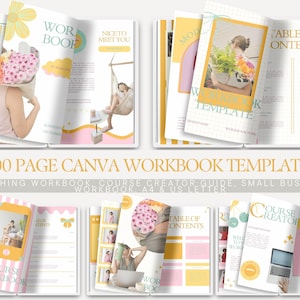 Peut inclure: Un modèle de cahier Canva avec un design rose, jaune et blanc. Le modèle comprend des pages avec des images et du texte, notamment "Workbook", "Nice to Meet You" et "Table des matières". Le modèle est destiné au coaching, à la création de cours et aux petites entreprises.