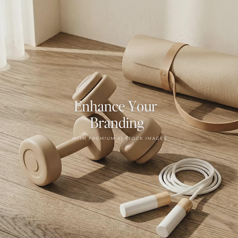 Pu&ograve; includere: Due manubri beige, un tappetino da yoga arrotolato con un cinturino e una corda per saltare bianca con manici in legno sono disposti su un pavimento in legno. Il testo "Enhance Your Branding" &egrave; presente.