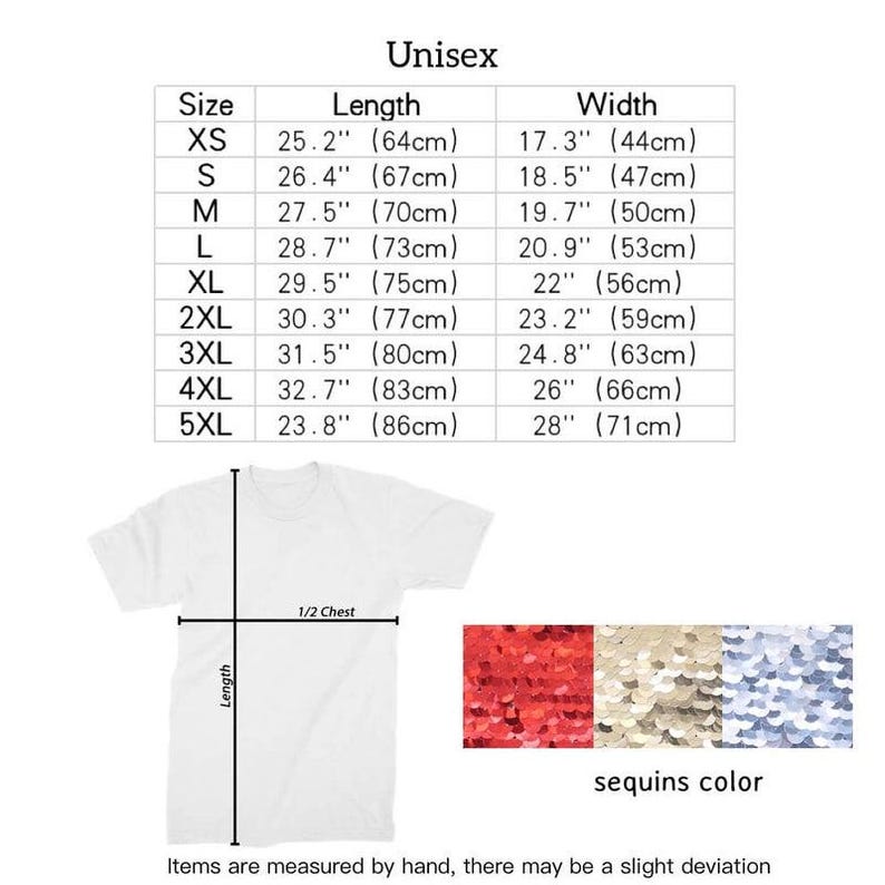 Puede incluir: Camiseta unisex blanca con tabla de tallas y opciones de color. La tabla muestra medidas en pulgadas y cent&iacute;metros para largo y ancho, desde XS hasta 5XL. Se muestran tres muestras de color de lentejuelas.