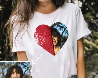 Chemise à sequins personnalisée, Chemise à sequins personnalisée, Chemise photo personnalisée, T-shirt photo à sequins, Chemise photo de famille personnalisée, Chemise couple personnalisée