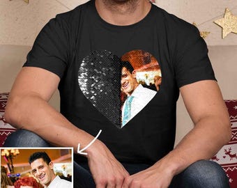 Camiseta personalizada con lentejuelas, camiseta personalizada con lentejuelas, camiseta con foto personalizada, camiseta con lentejuelas con foto, camiseta personalizada con foto familiar, camiseta de San Valentín
