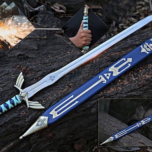 May include: A fantasy sword with a silver blade and a blue and turquoise handle. The matching blue sheath has silver detailing. The image shows the sword and sheath on a dark wooden surface, with close-up images of the sword's construction.
