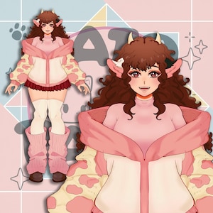 Puede incluir: Ilustración de una persona vestida con un atuendo con temática de vaca. El atuendo incluye un cuello alto rosa, una chaqueta blanca y rosa con mangas con estampado de vaca, una falda roja, calcetines altos blancos y calentadores de piernas rosas. La persona tiene cabello castaño, orejas y cuernos de vaca.